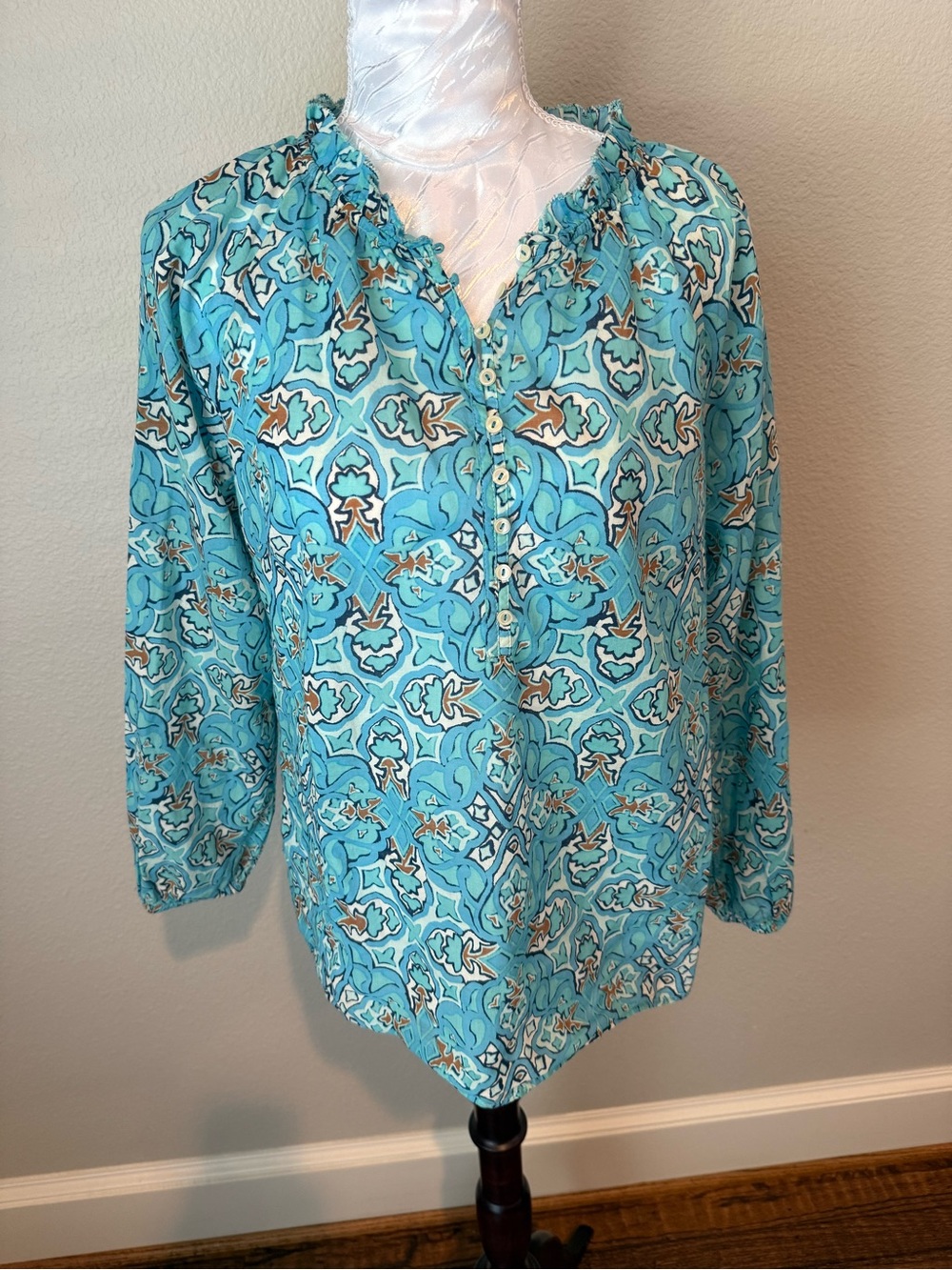 Talbots Turquoise Patterned Long-Sleeve Peasant Top
